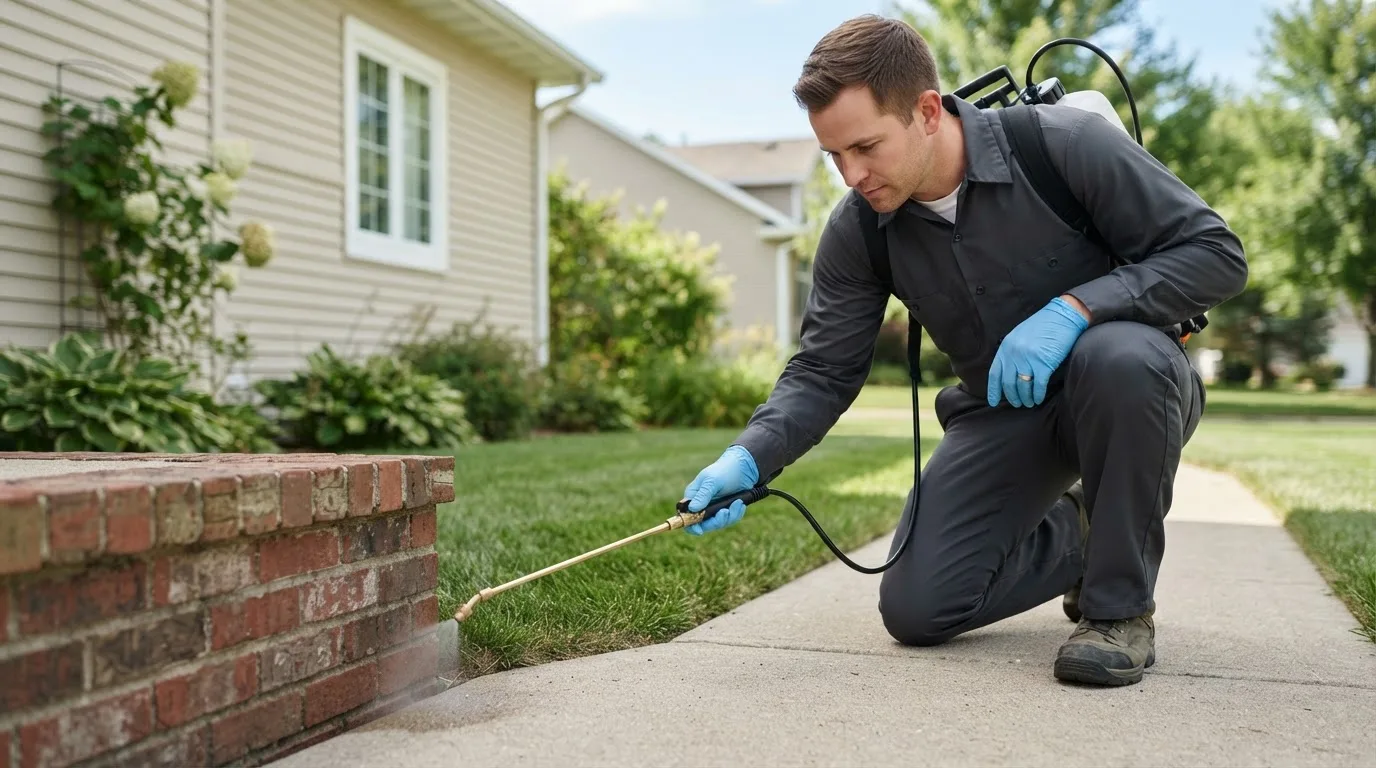 Pest control technician treating a home near Milroy, IN