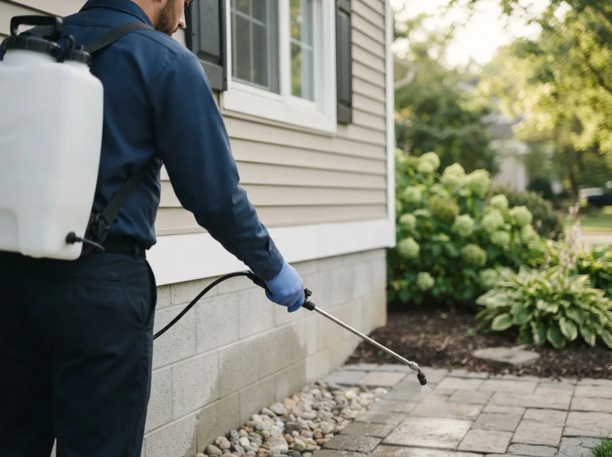 Pest control technician inspecting a home in Milroy, IN